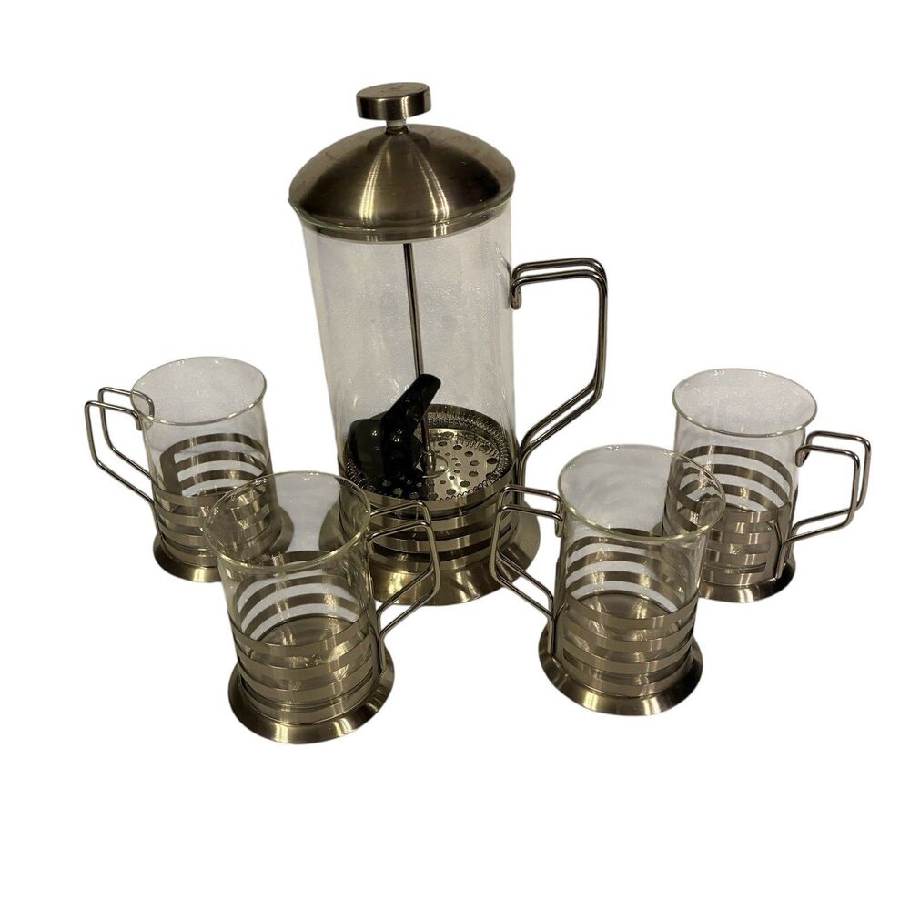 Coffee Plunger French Press Coffee And Tea W/ 4 Cups Stainless Steel & Glass